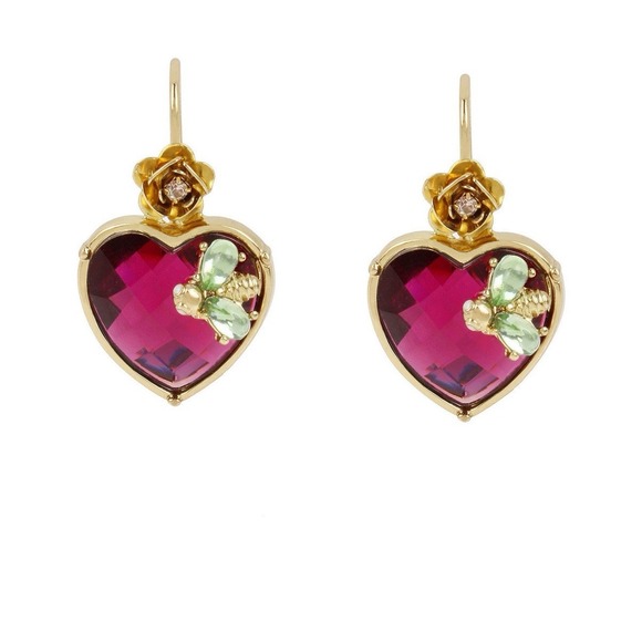 Betsey Johnson Jewelry - Betsey Johnson Gold Tone & Fuchsia Crystal Heart Drop‎ Earrings Flower & Bug NWT